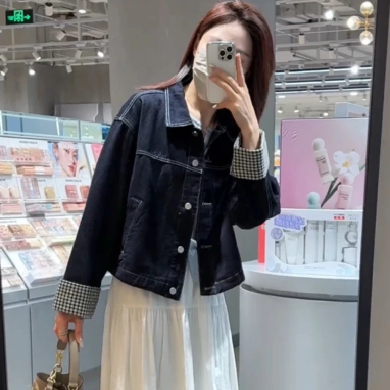 韩系小个子撞色拼接牛仔短外套女装2025春季爆款休闲显瘦夹克上衣