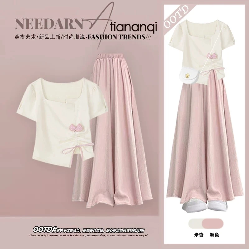 夏季套装女2025新款时尚甜美减龄短袖上衣搭配气质显瘦裙裤两件套