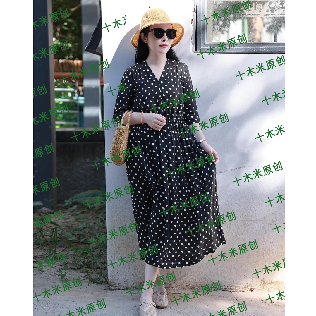 颂歌/十木米原创夏款百分百苎麻波点印花文艺优雅气质显瘦连衣裙
