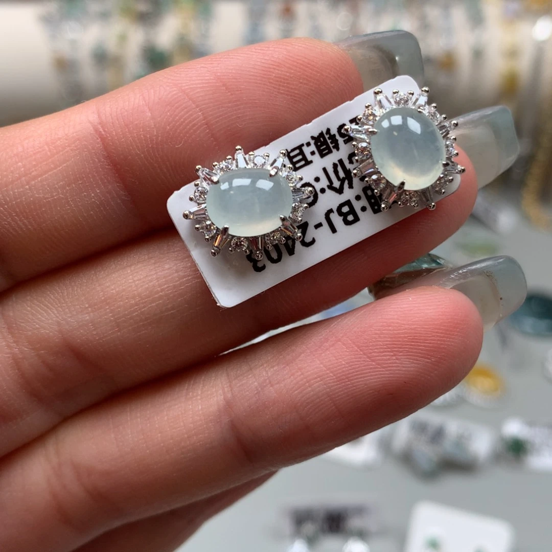翡翠戒指银S925镶嵌耳钉