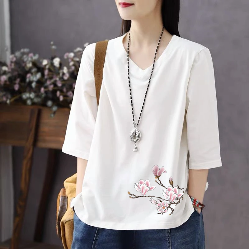 100%纯棉七分袖文艺女装宽松半袖中袖打底衫甜美可爱风格衣服上衣