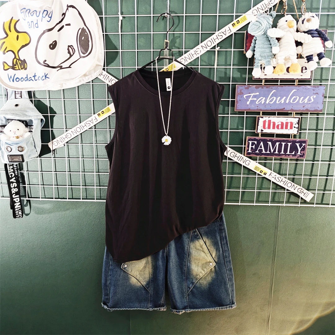 港风潮牌牛仔短裤男套装夏季薄款复古破洞宽松五分裤酷帅男装穿搭