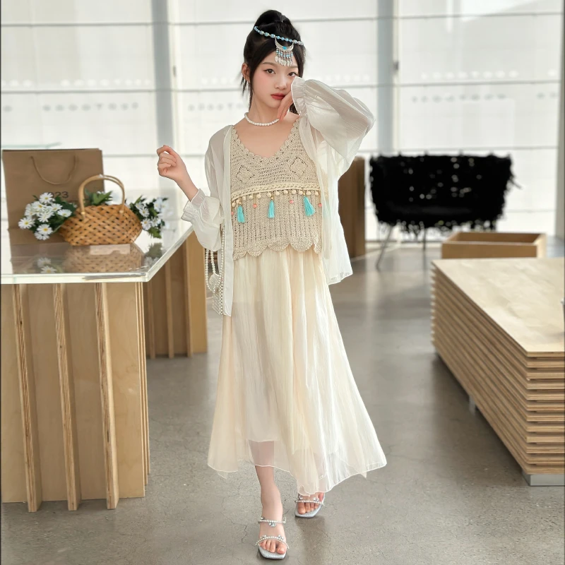 夏季女童波西米亚套装裙子女童洋气民族风镂空吊带防晒衣三件套潮