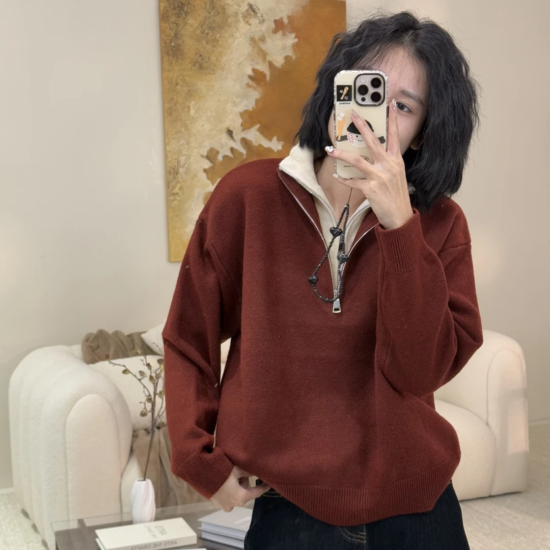 喜樂2024立领拼接撞色双拉链针织衫冬季新款时尚百搭休闲保暖女士