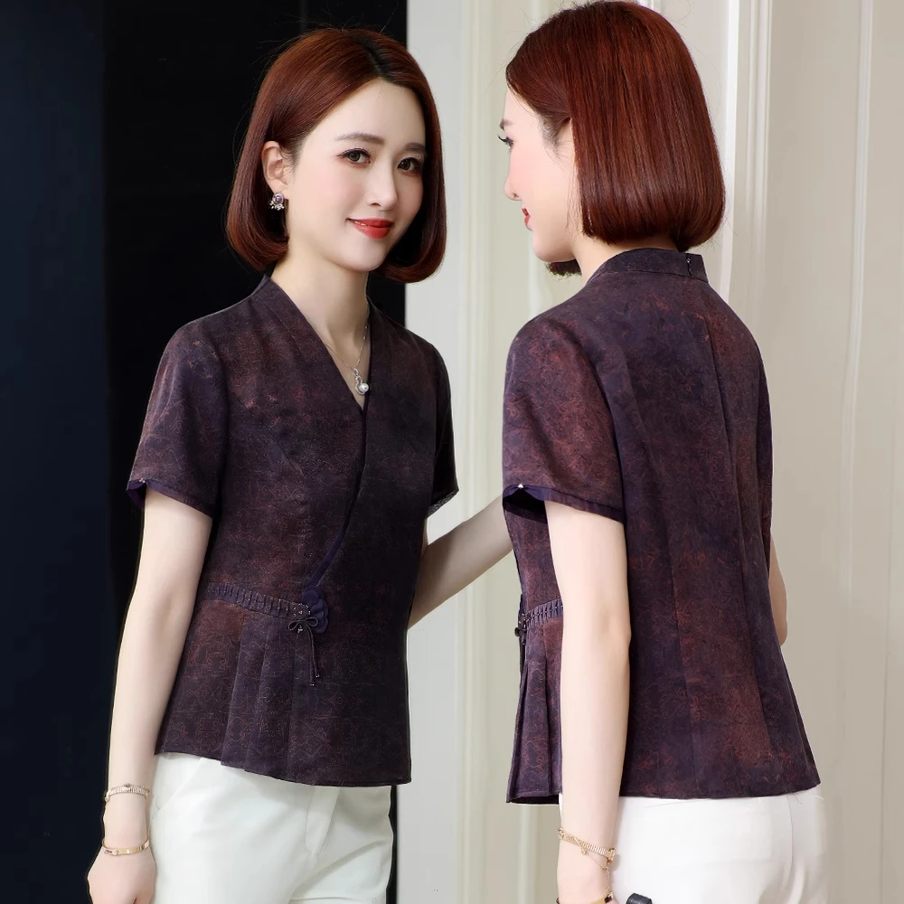 新中式花萝香云纱上衣女夏新款重磅真丝衬衫短款显瘦桑蚕丝妈妈装