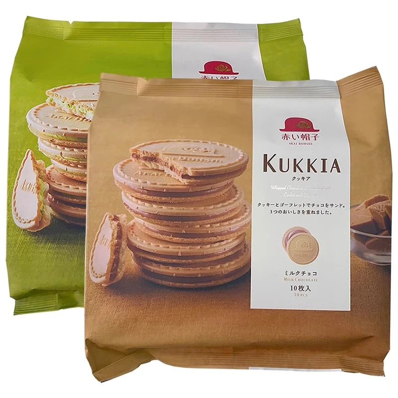 日本进口阡朋红帽子牛奶巧克力味夹心饼干袋装抹茶味薄脆10枚入