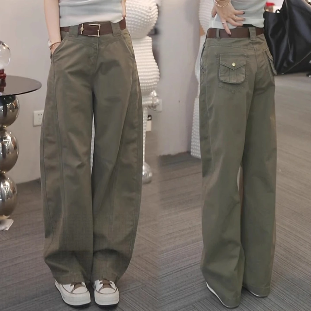 军绿色美式工装纯棉休闲裤女2025秋季新款高腰显瘦春秋百搭弯刀裤