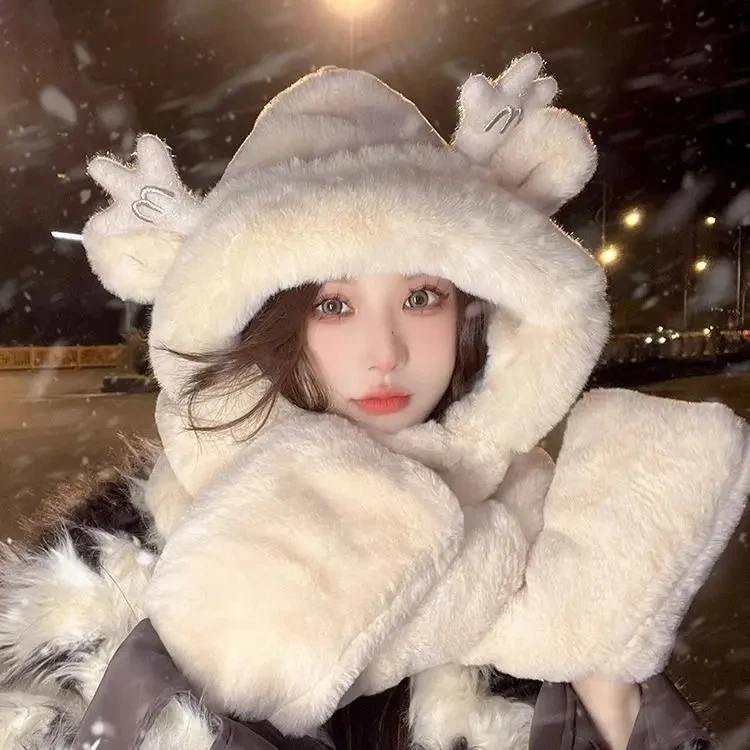 小熊帽子秋冬女围巾一体连帽冬季围脖可爱款ins毛绒冬天保暖用品