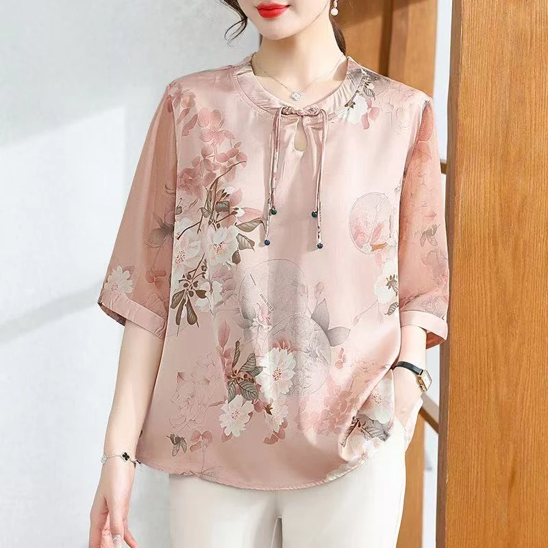 C060夏装短袖雪纺小衫碎花t恤女装中式盘扣上衣服装