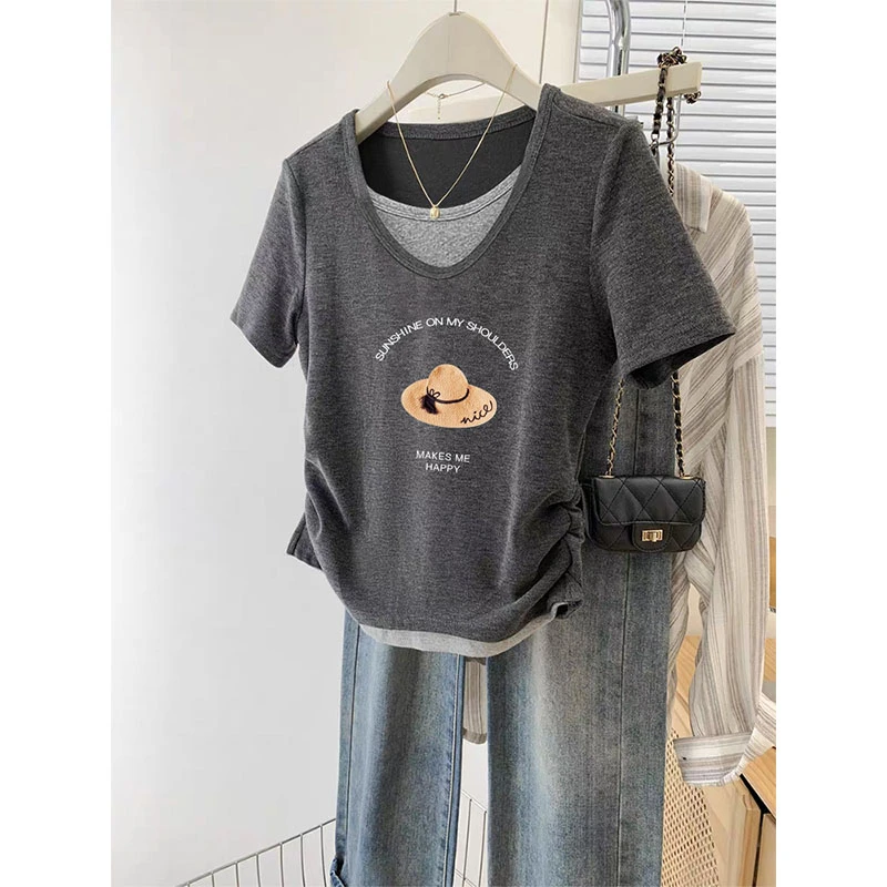 2025新款假两件V领短袖t恤女时尚侧边褶皱收腰显瘦上衣春夏季潮流