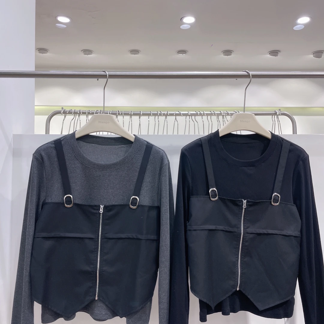 258645拼接拉链设计衫