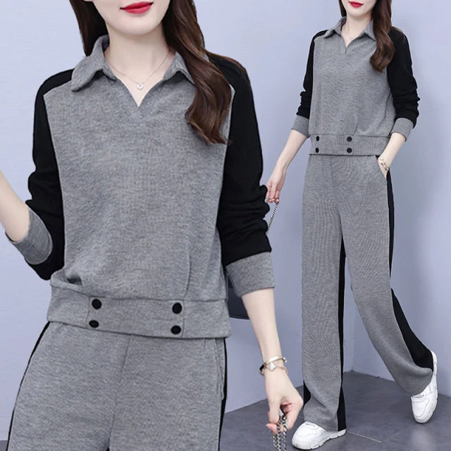 百搭休闲时尚灰色套装春季新款2025胖mm大码拼色翻领卫衣阔腿裤女