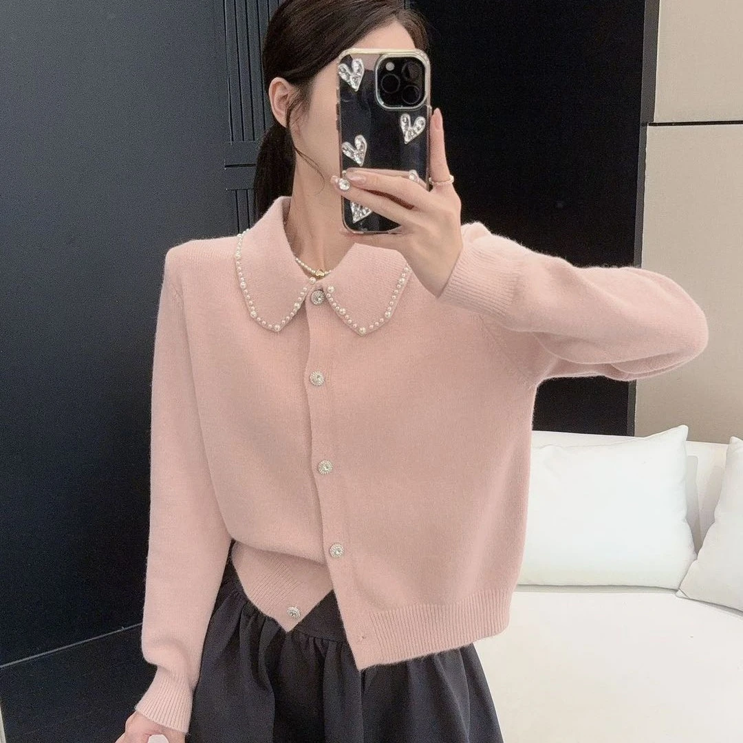 2025秋冬新款法式气质翻领钉珠针织衫毛衣女宽松显瘦长袖开衫外套