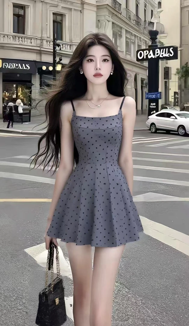 夏季新款灰色方领波点吊带修身收腰设计感连衣裙女时尚气质女装