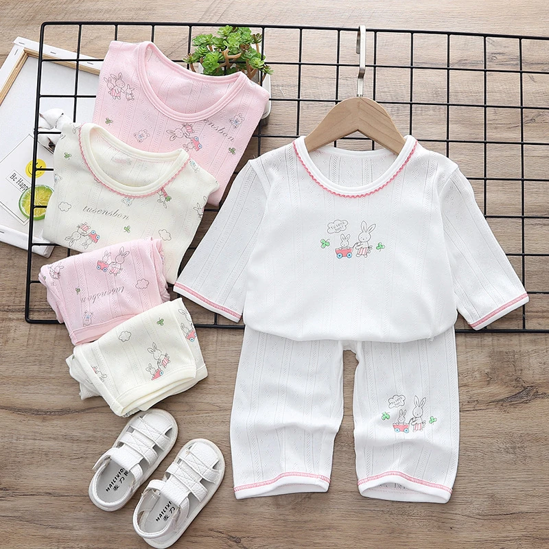 纯棉日系吸汗透气柔软男女儿童春夏秋打底家居短袖七分裤套装