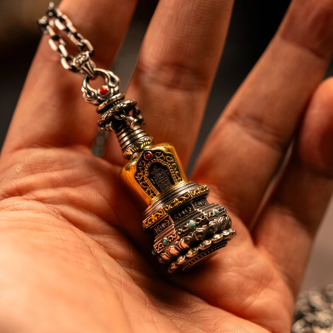 BENJIANG/本匠 吊坠925银 藏传佛塔吊坠镶嵌白塔项链手工银饰挂坠