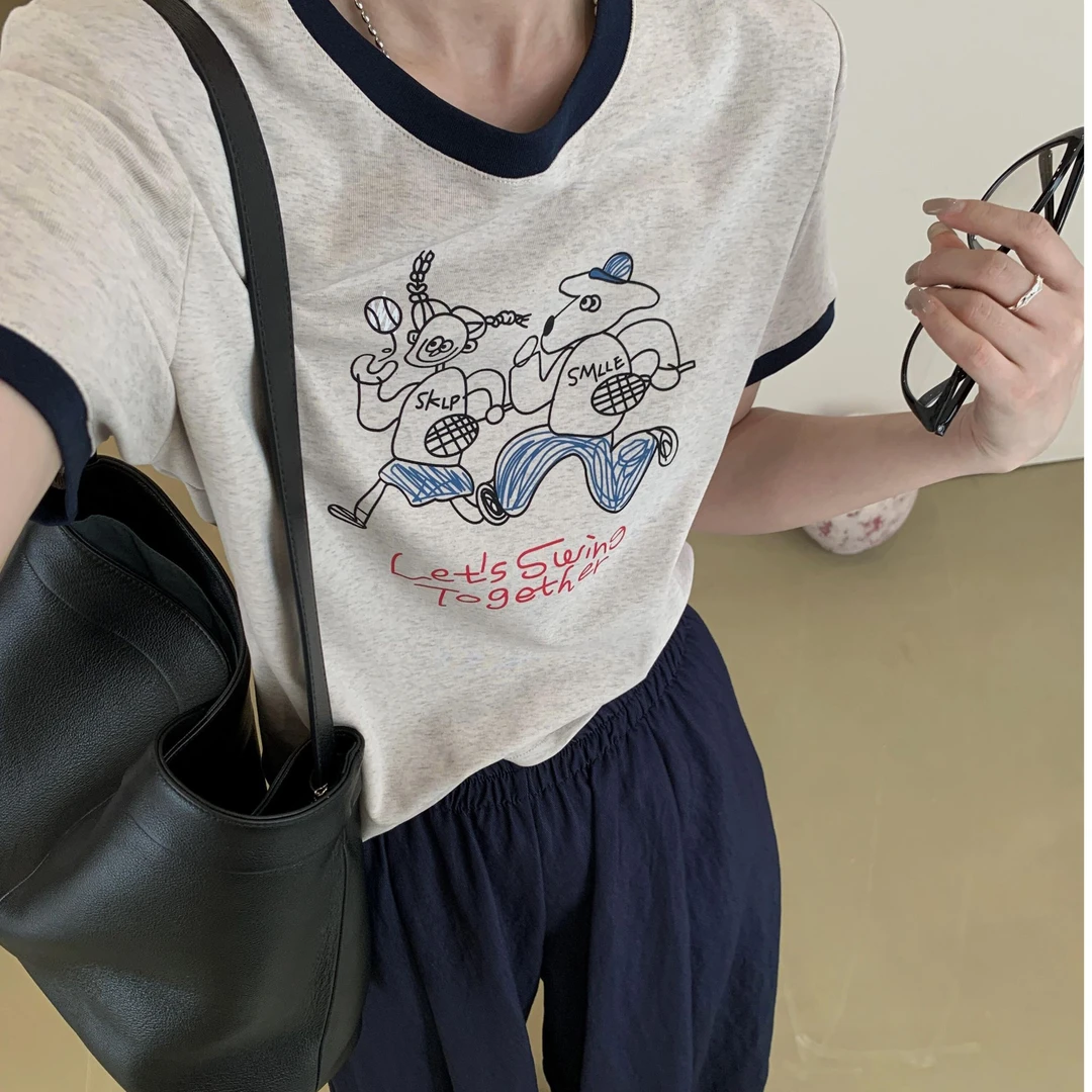 ARRLMORRE品牌【涂鸦】高级撞色领chic风印花正肩短袖棉T