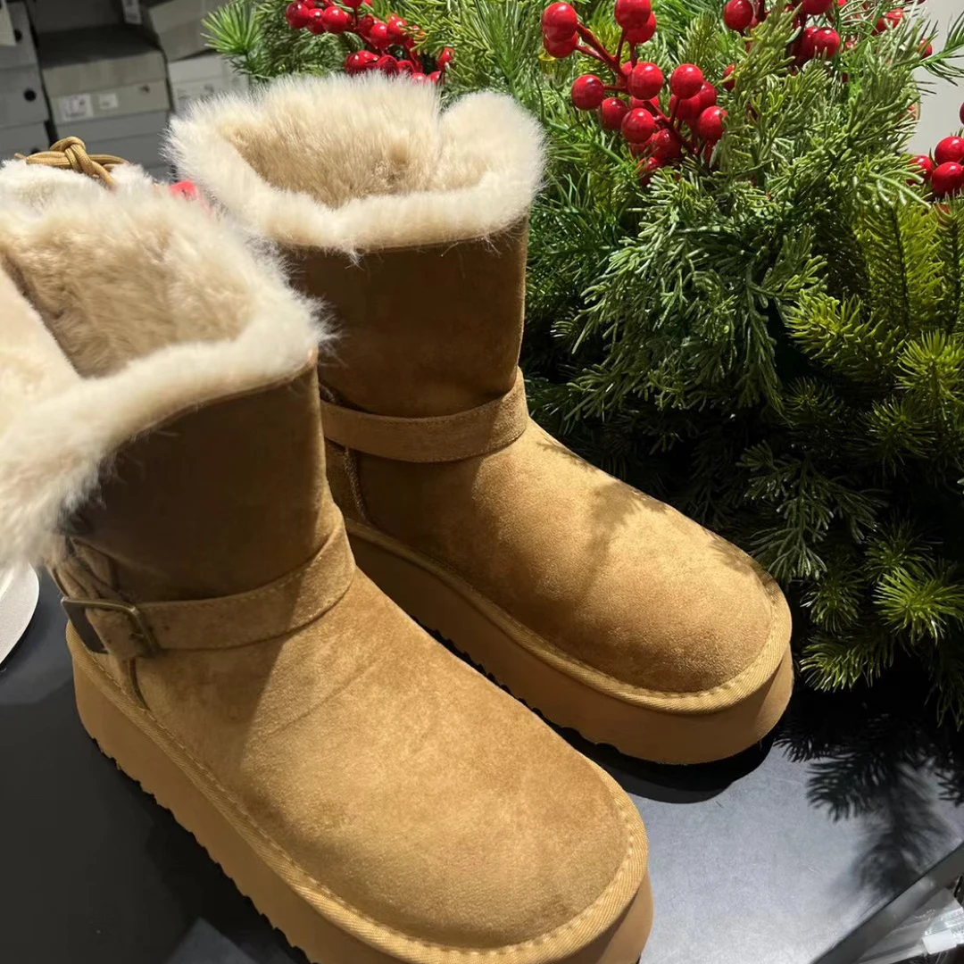 MC中筒厚底雪地靴保暖防滑加绒加厚增高百搭两穿翻边时尚棉鞋女