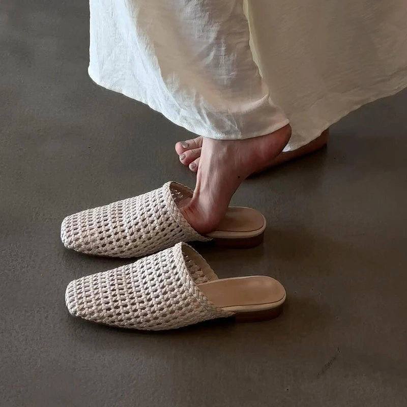 羊皮~复古编织正品包头凉拖鞋女夏季外穿一脚蹬正品拖鞋女鞋外穿