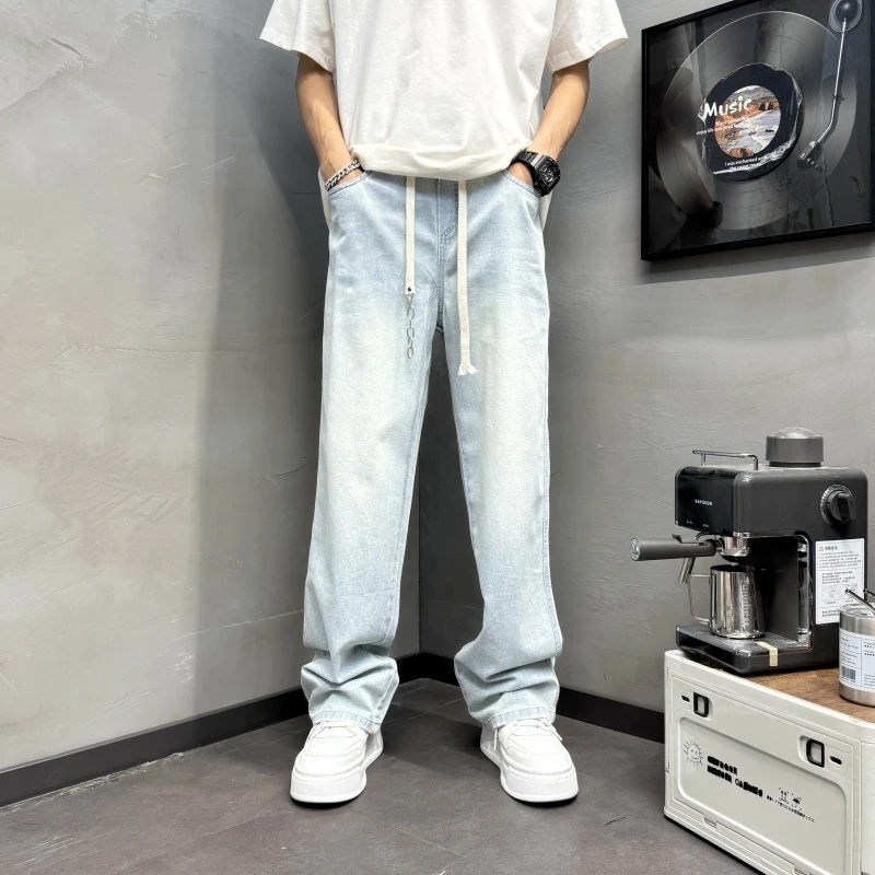 纯色蓝色直筒垂感牛仔裤2025新款男士宽松秋季男士蓝色直筒牛仔裤