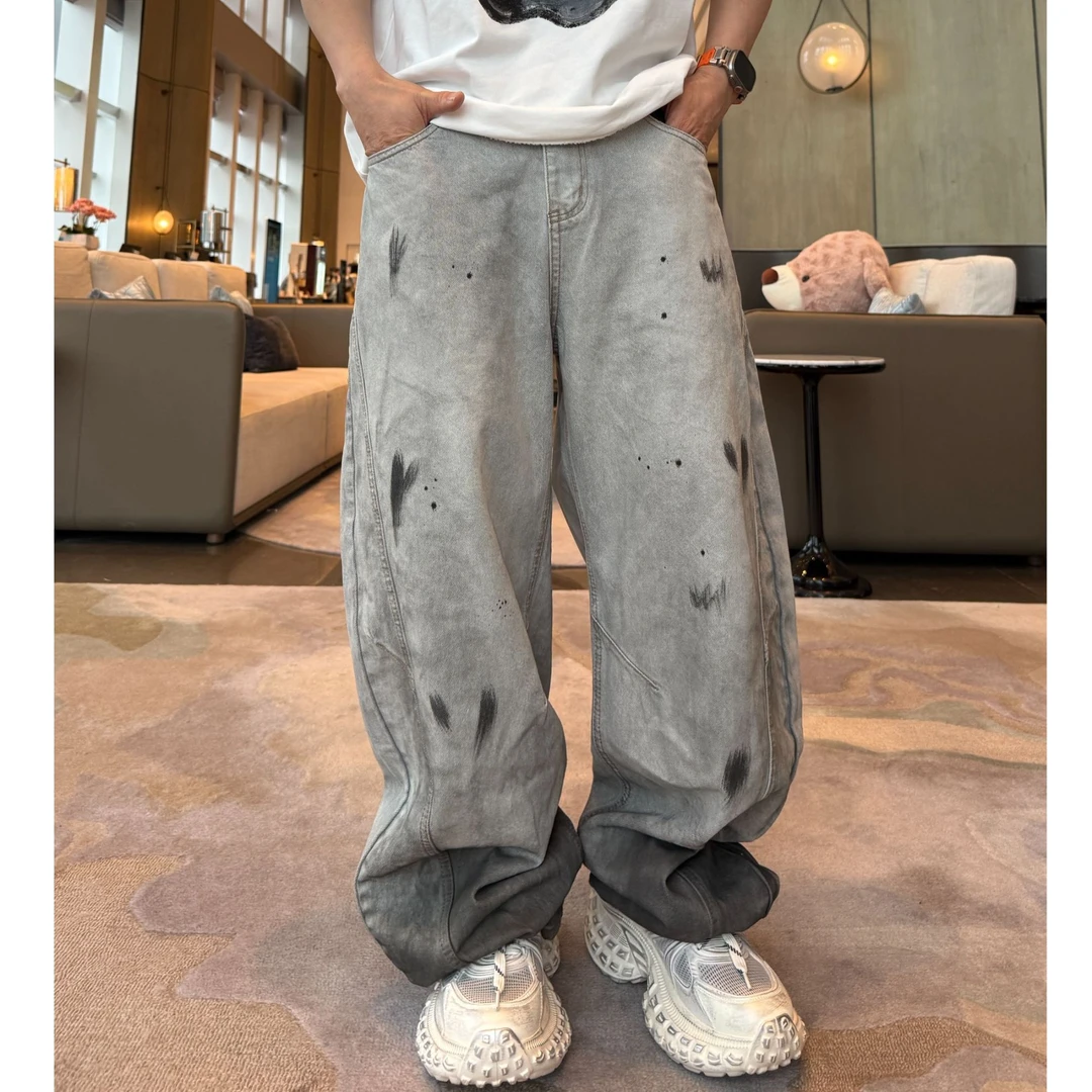 金先生夏季磨边高街手绘渐变脏脏裤休闲全棉水洗弯刀牛仔裤