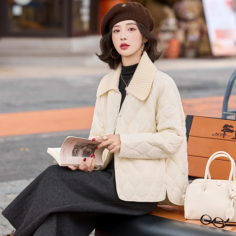 2025新款网红棉衣圆领短款时尚针织领夹棉外套宽松小A版遮肉保暖