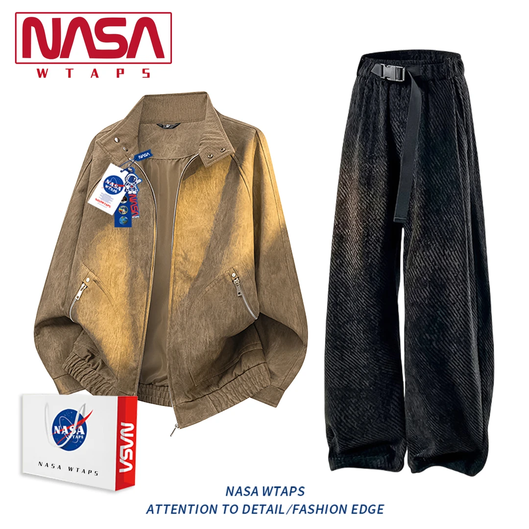 NASA WTAPS老钱风复古夹克套装男款春秋高级感休闲上衣长裤两件套