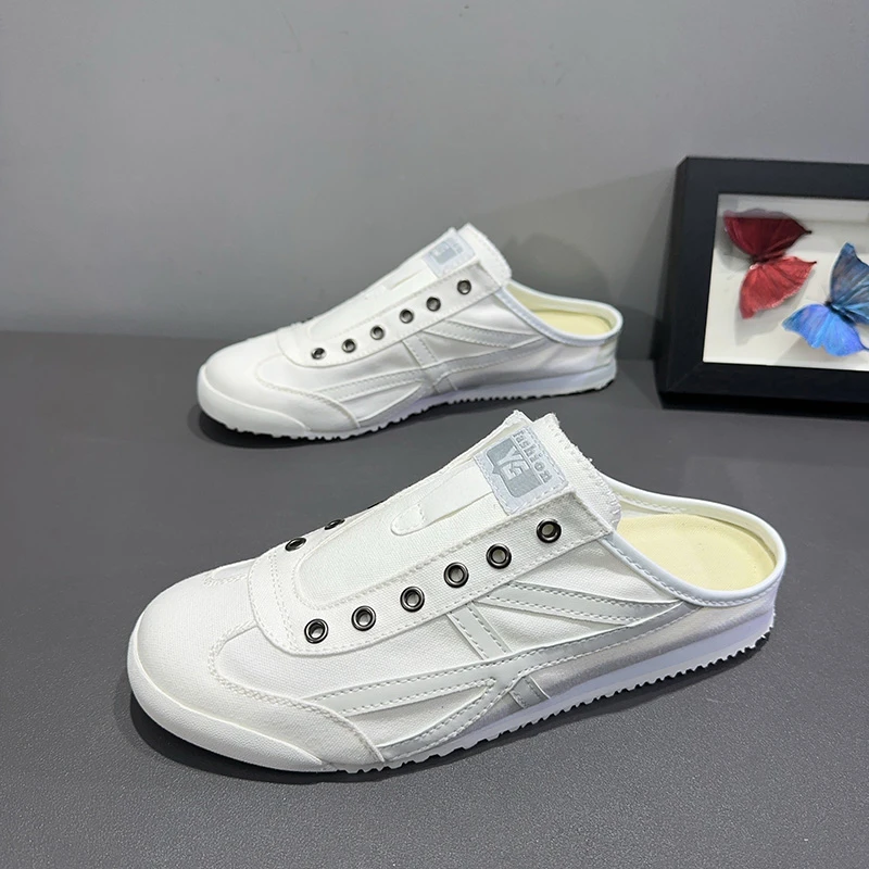 夏季帆布一脚蹬潮男鞋子虎冢痞帅透气懒人无后跟豆豆半拖小白鞋男