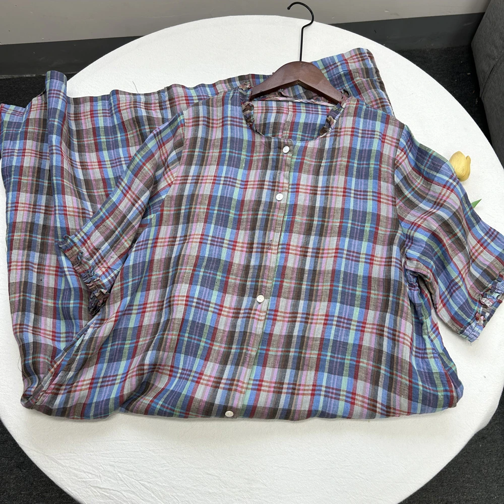 雨露亚麻色织格纹【裙长105】防晒风衣开衫裙宽松连衣裙女短袖发