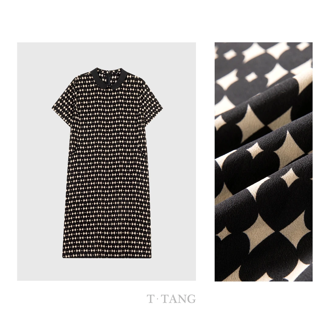 夏季新款高密弹力双绉时尚宽松百搭气质显瘦印花连衣裙【7028】