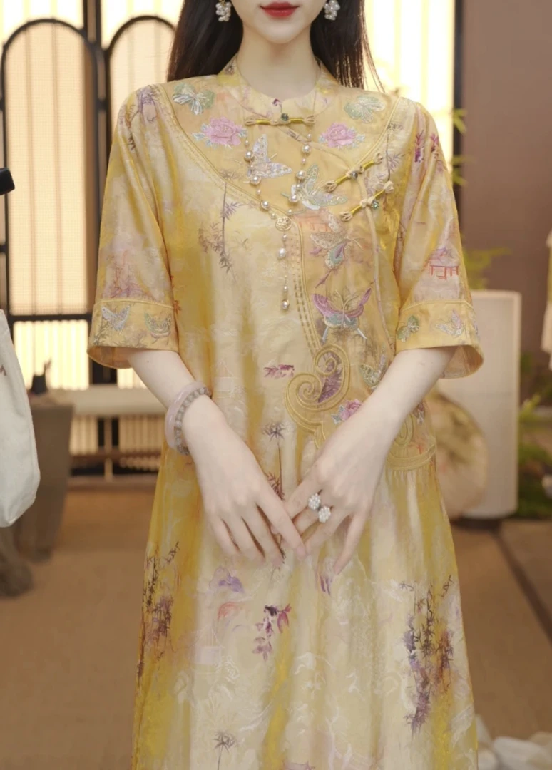 【黎色】黎色七分袖夏季盘扣长款气质时尚圆领连衣裙礼服绣花098