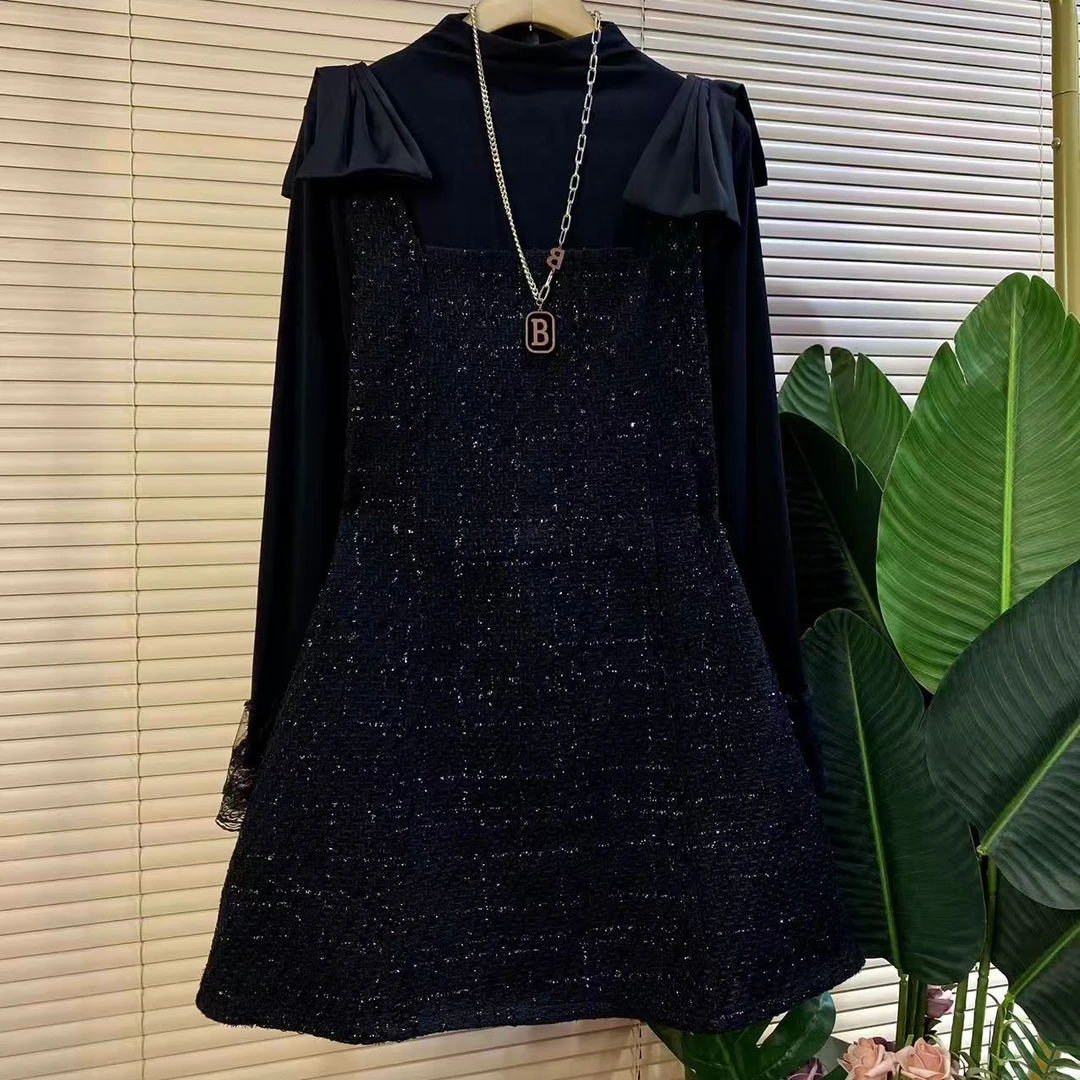 X胖mm欧货时尚新款小香风马甲裙高领小衫减龄套装