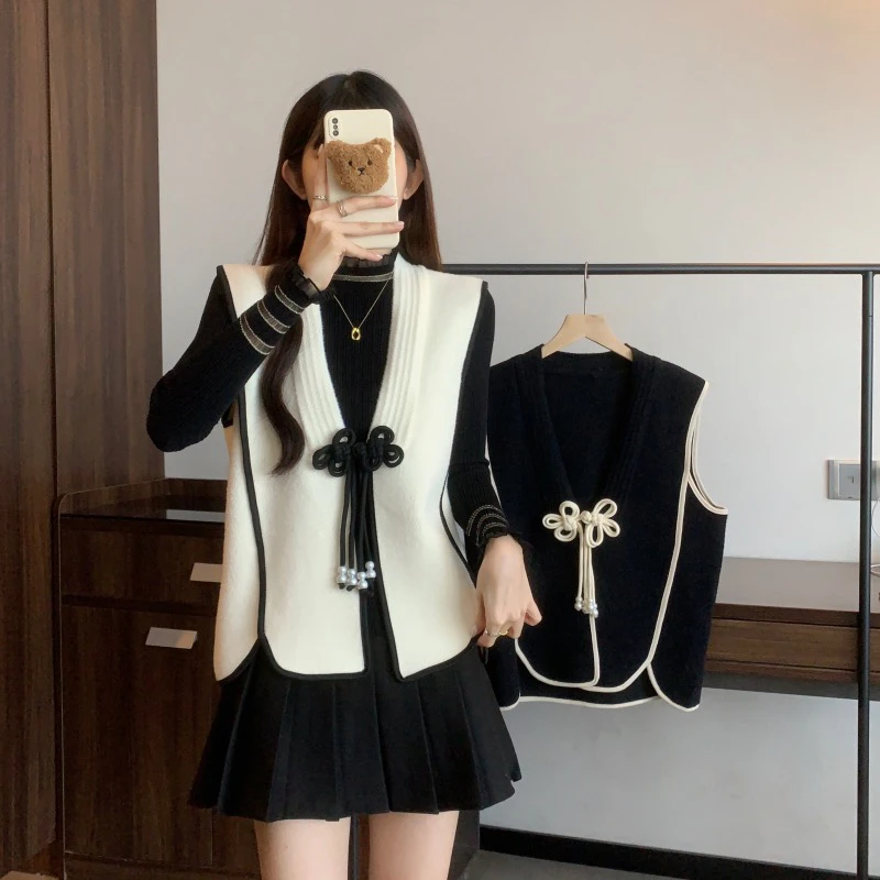 9801-1年货款大码女装胖mm小香风针织新中式盘扣单马甲