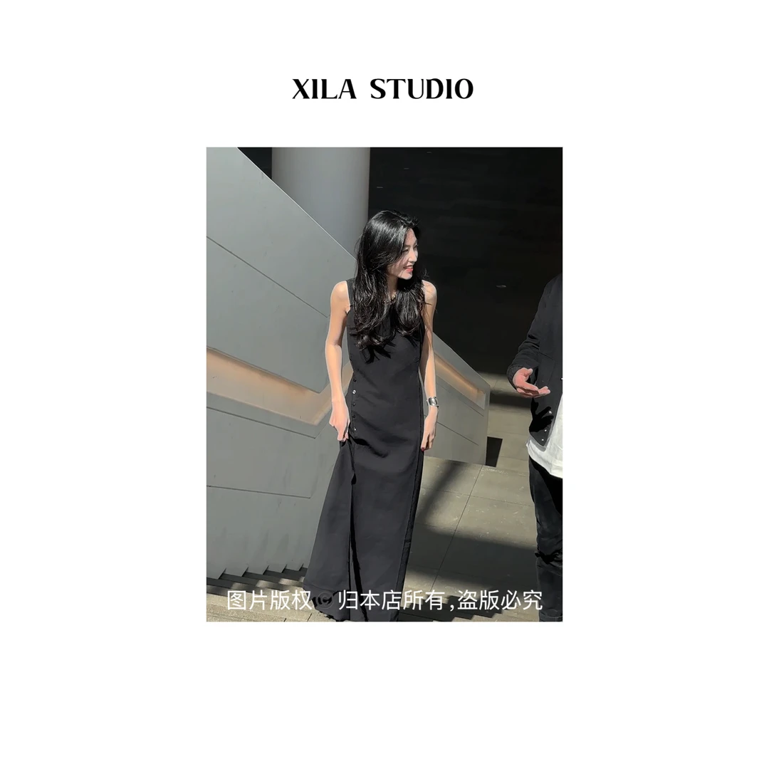 【XILA】高阶立裁绵羊皮拼接设计背心连衣裙