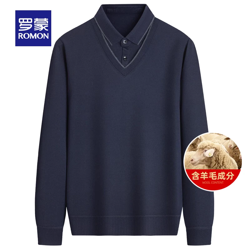 【含绵羊毛】罗蒙男士爸爸装针织衫假两件2025秋季中老年套头毛衣