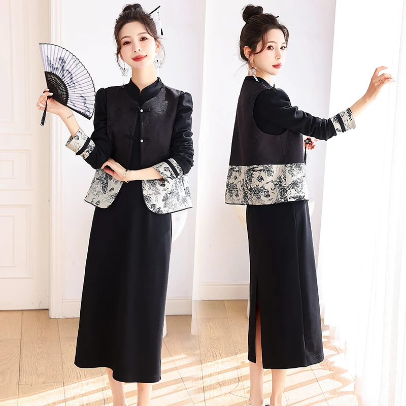 新中式国风提花马甲套装女2025春秋新款复古改良旗袍连衣裙两件套