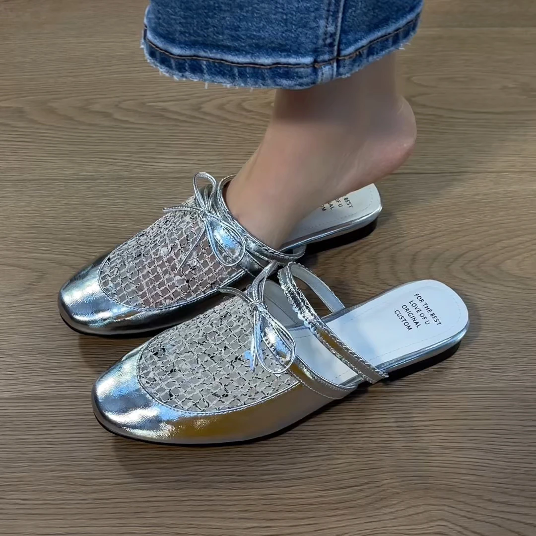 半拖2025年夏季新款包头蝴蝶结低跟平跟凉鞋拖鞋包头半拖鞋女外穿