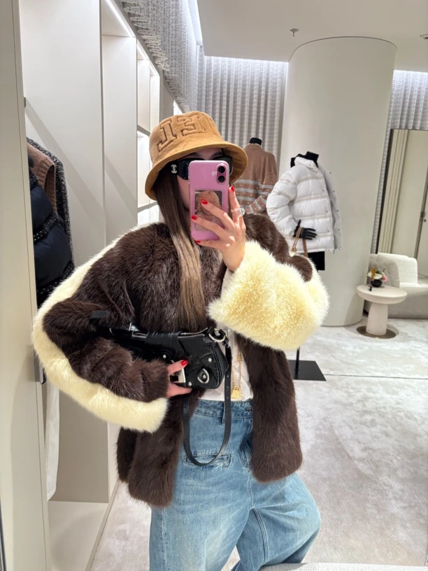 tingtings【牛奶咖啡】拼色仿水貂毛环保皮草外套女保暖皮毛一体