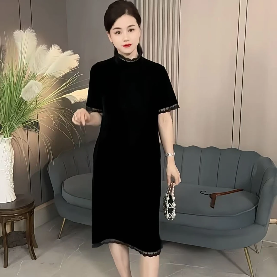 定制面膜丝绒时尚拼接蕾丝花边半袖连衣裙