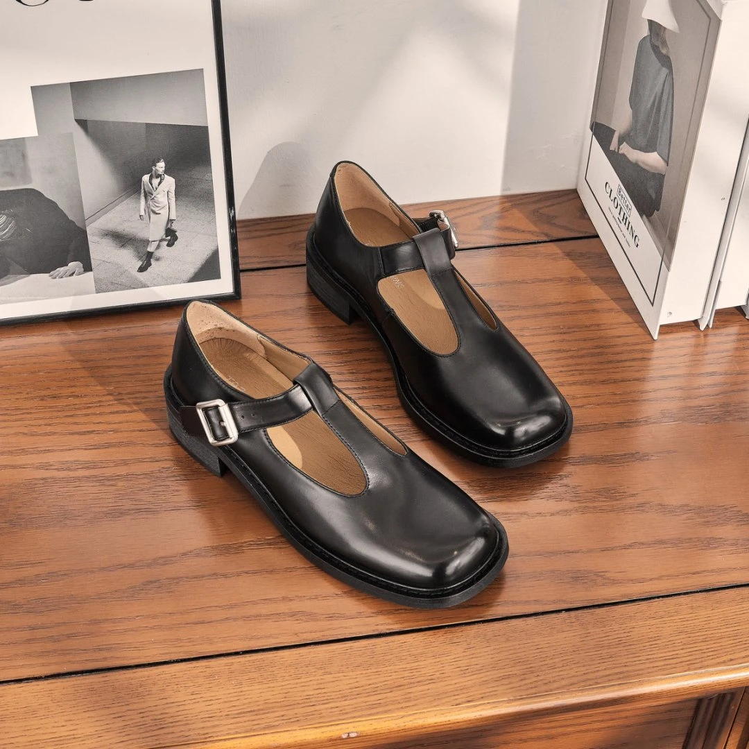 2025春季新款英伦风T字镂空低圆头跟浅口复古百搭真皮单鞋女G777