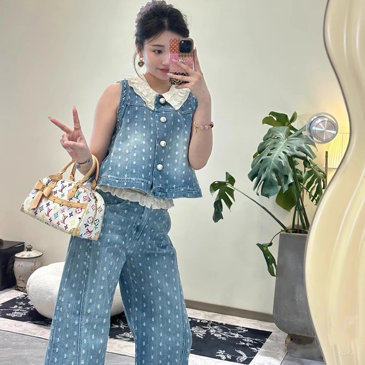 YOYO高定no退no换baby同款蕾丝花边牛仔马甲阔腿裤套装25夏