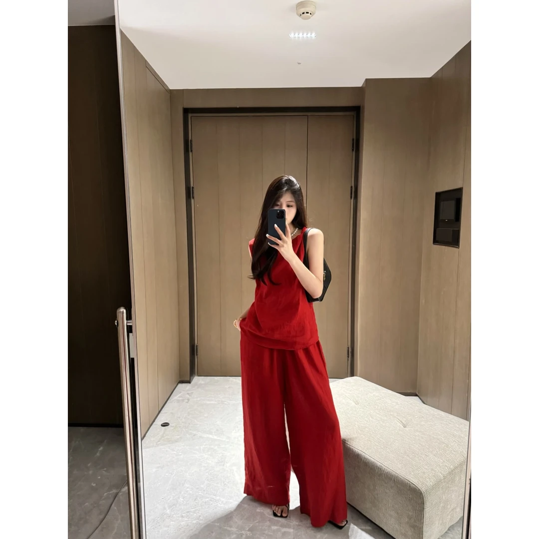 止静 夏季法式风扭结肩带清冷感气质慵懒风穿搭亚麻两件套0065