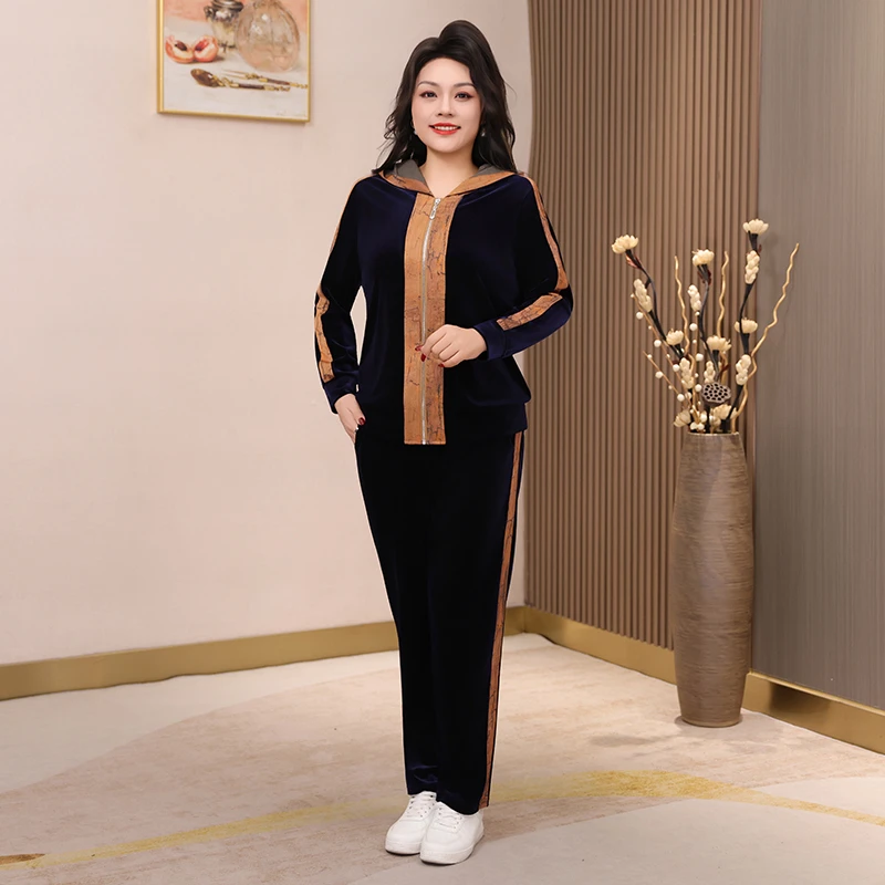 时尚套装新款休闲连帽薄款开衫直筒长裤休闲大码女装两件套