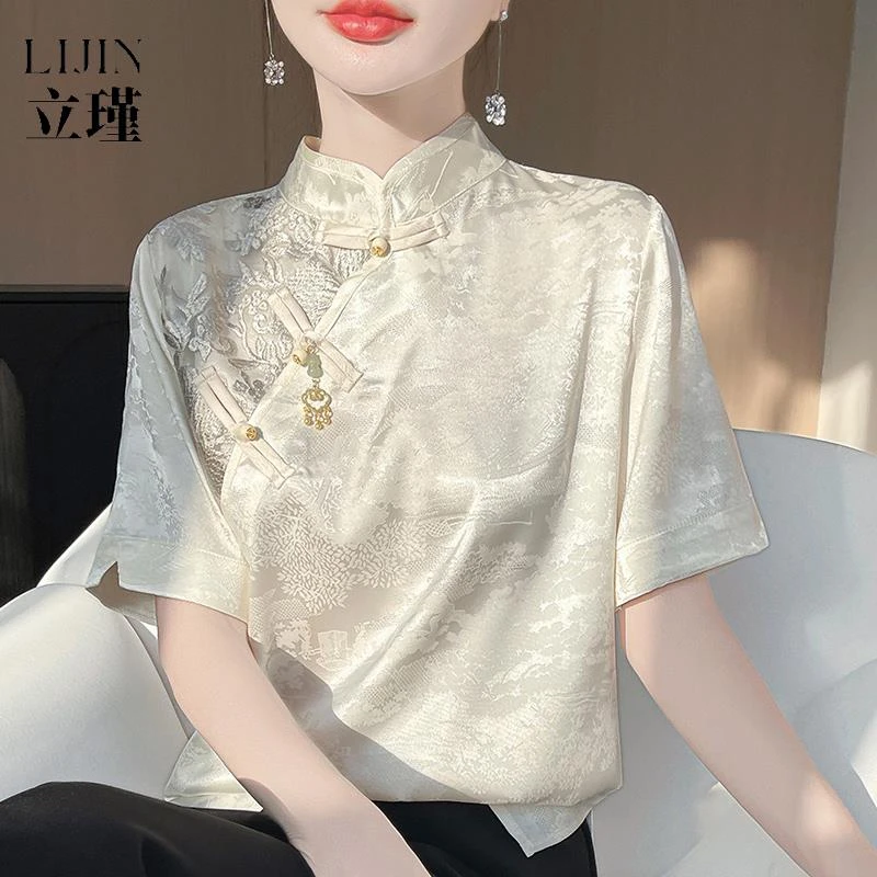 2025春夏新款轻奢国风改良旗袍领盘扣T恤女高端缎面提花打底短袖