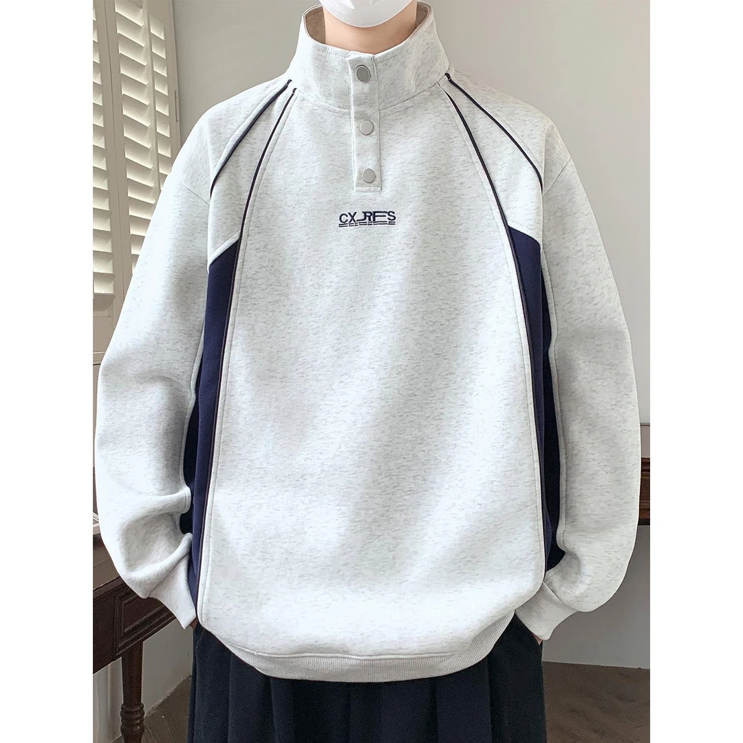 青少年美式拼接设计感潮运动风休闲宽松春秋季polo领男生长袖卫衣