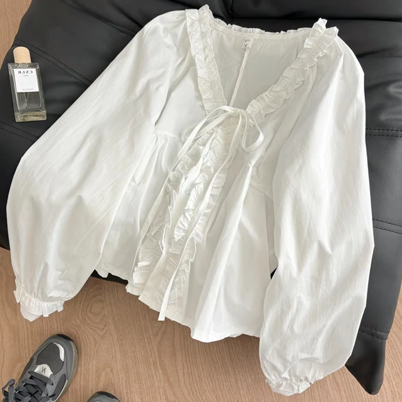 韩版系带木耳边泡泡袖白色衬衫女秋季2025新款长袖衬衣纯棉上衣