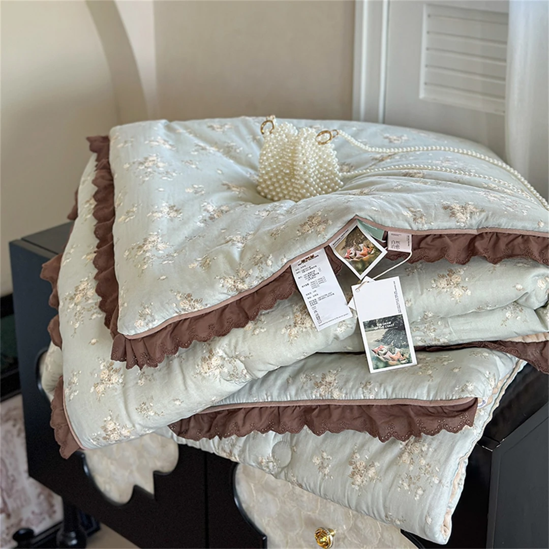 被子秋冬法式田园全棉双人花边轻奢床上用品新款双层纱豆豆被冬被