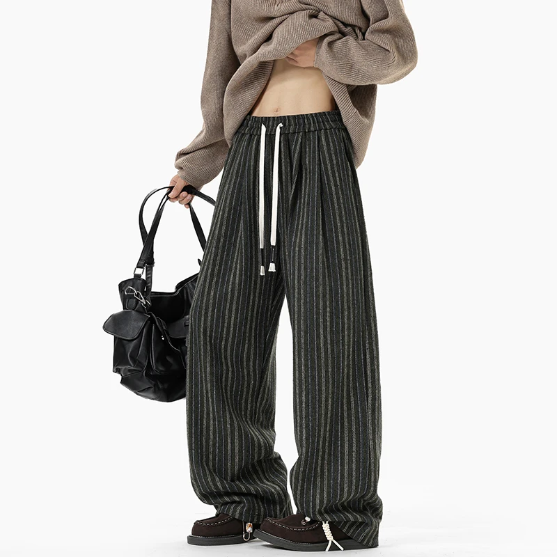 美拉德竖条纹垂感裤子男秋季美式复古高级感直筒裤毛呢阔腿休闲裤