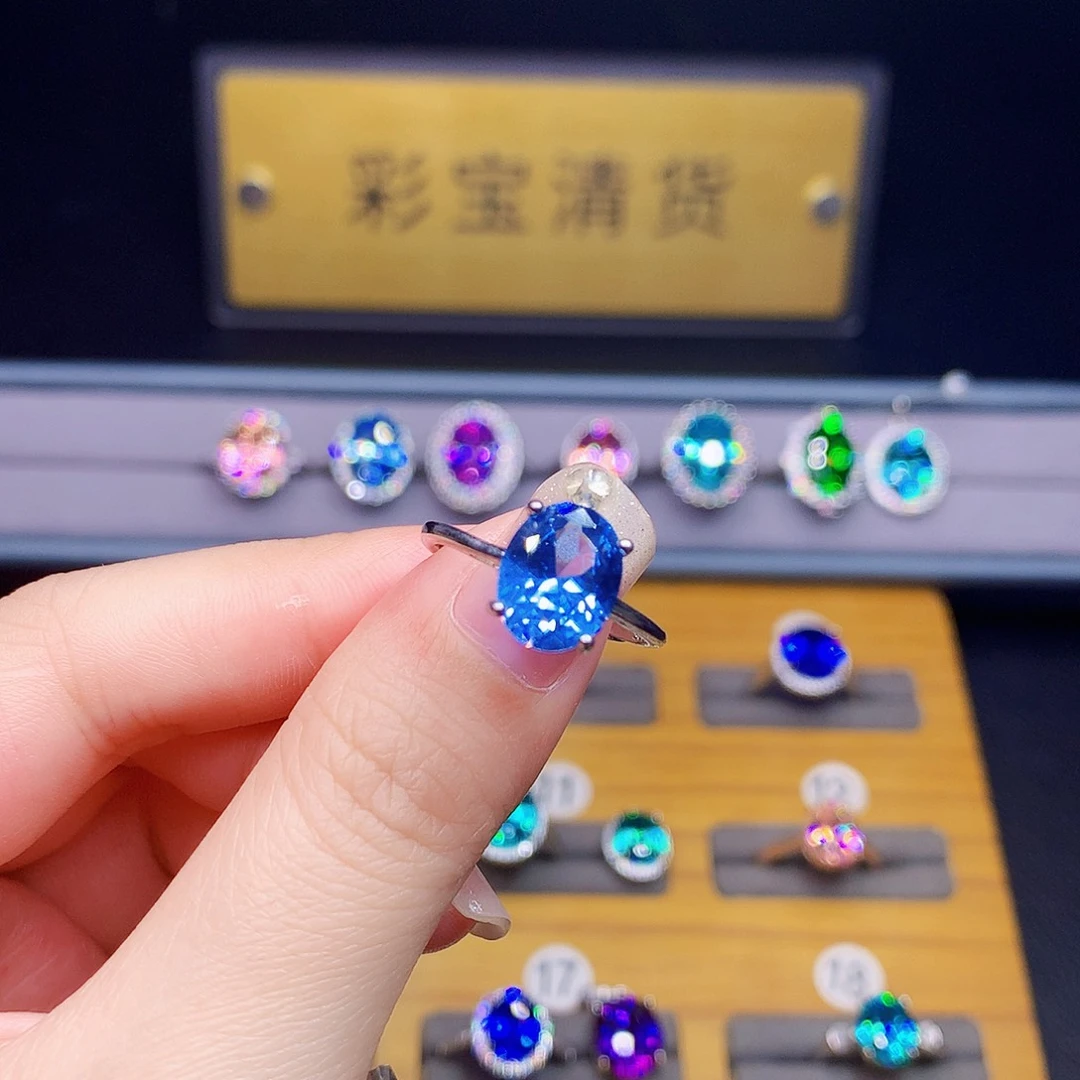 戒指蓝色碧玺银S925镶嵌