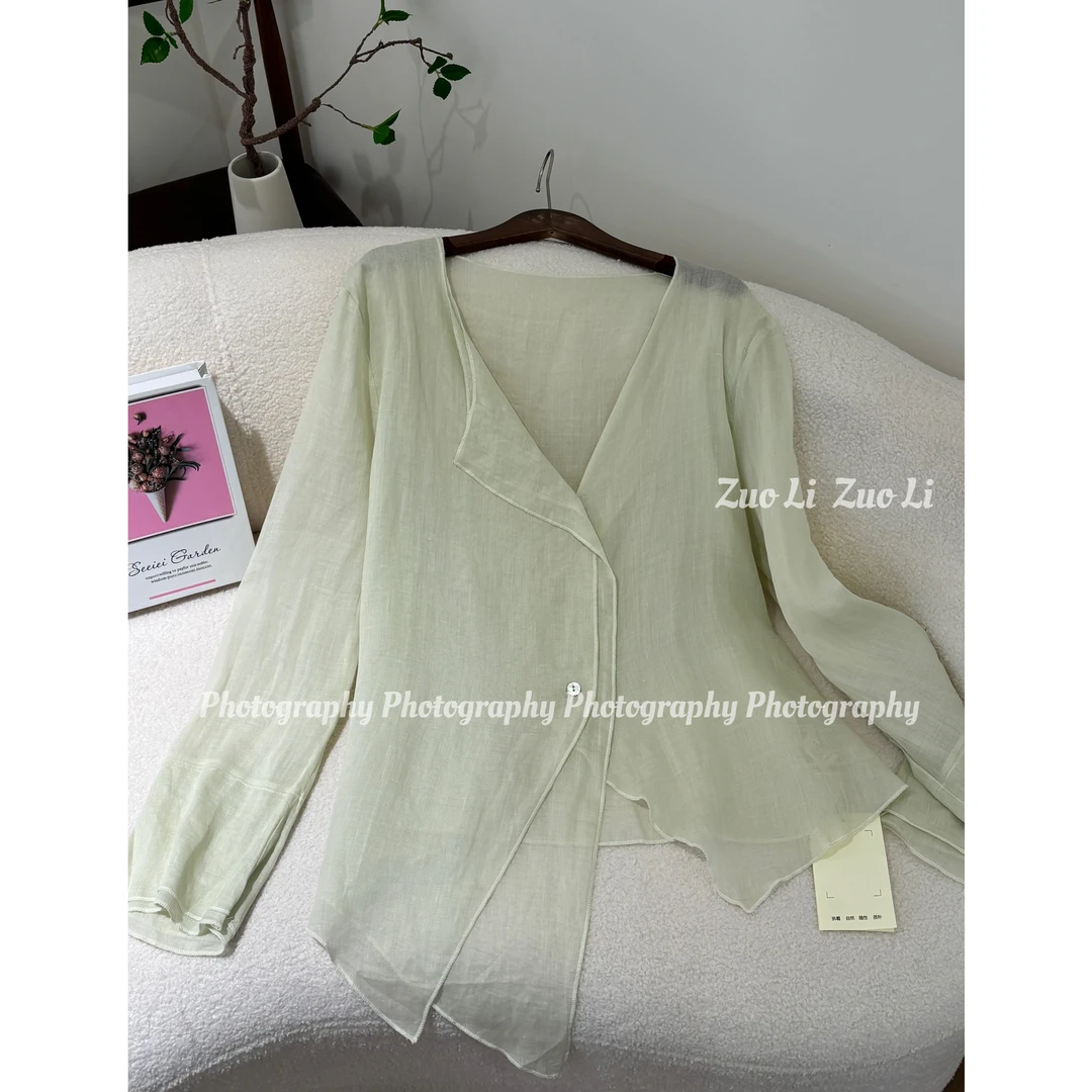 2025"温柔美学" 斜襟灵动感宽松飘逸苎麻翻领喇叭系绳不规则上衣